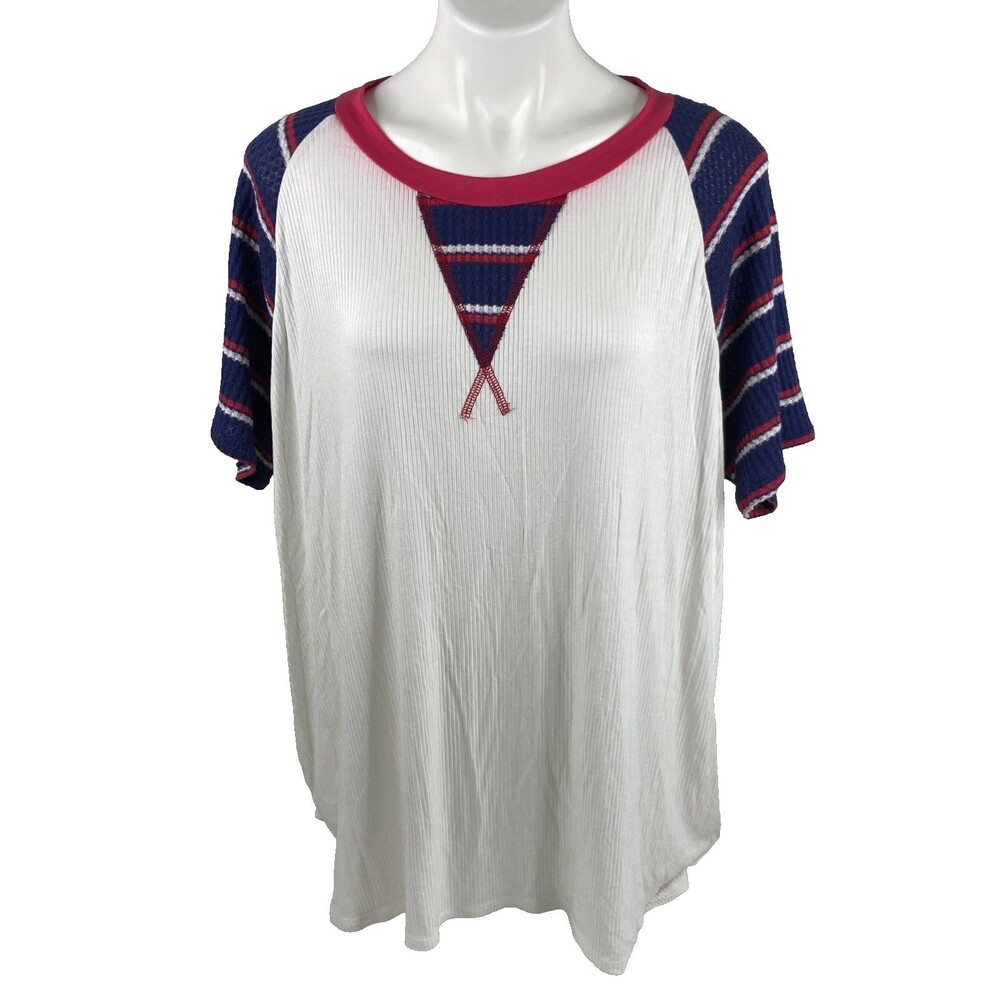 Haptics Women 2X Blouse Red White Blue Ribbed Casual Top NWT